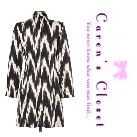 Tahari Chocolate Brown & White Modern Print Long BlazerJacket - Picture 7 of 9